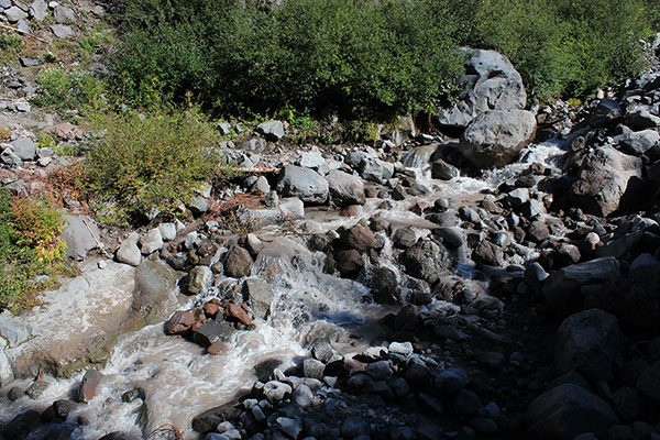 The PCT crosses Russell Creek; the water can be a torrent on a hot afternoon day