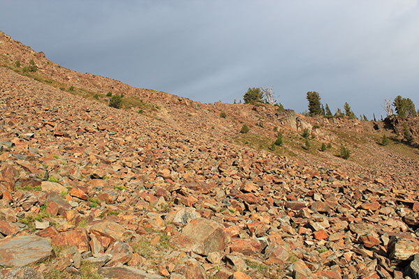 We climbed to the ridge above this talus slope and gained the upper eastern basin.