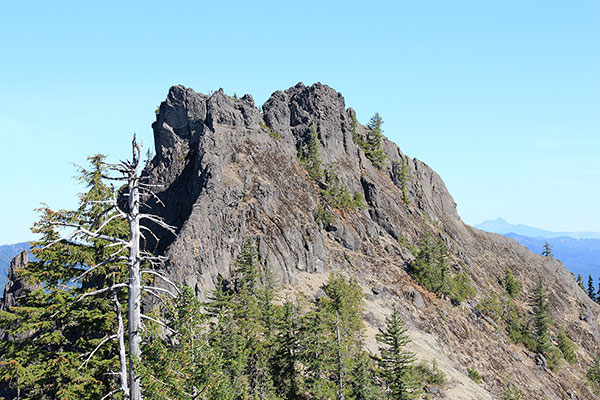 A candidate Titbits Mountain route traverses east across sloping ledges, then climbs up a steep forested ramp and exposed face to the summit