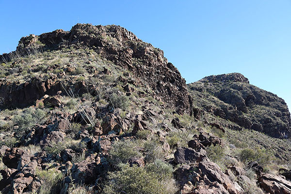 I climbed the false summit above through a shaded alcove on the left