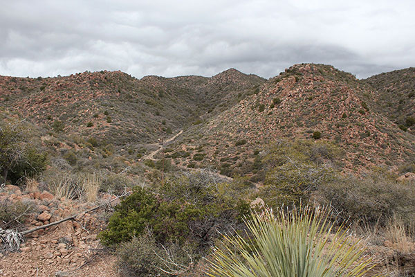 View NW from the road. I followed the road up around the hill ahead.