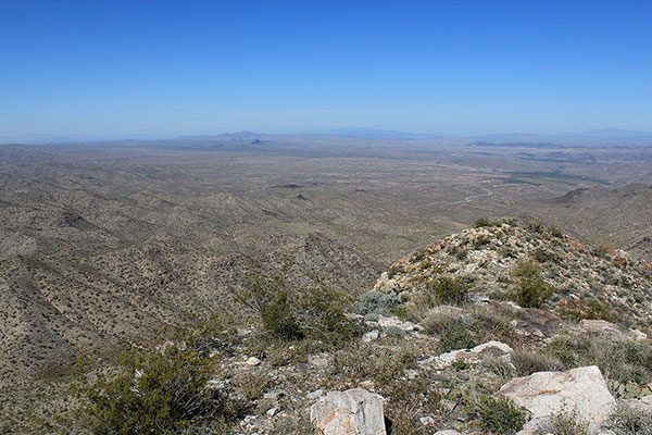 Planet Peak distinctly rising about 22 miles west of the summit of Buckskin Benchmark in April 2020