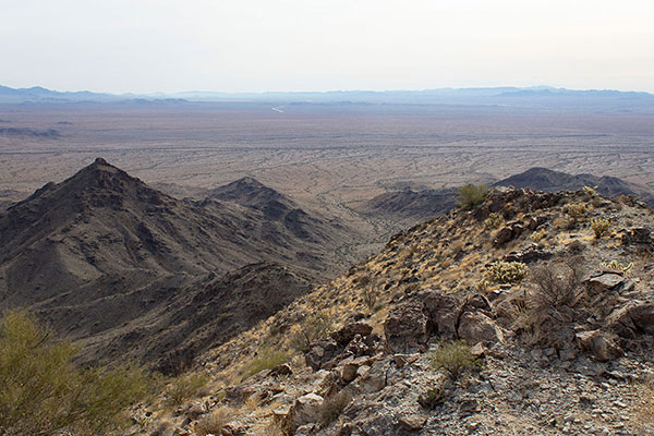 The view south towards my Jeep hidden in the valley below. Bouse lies far across the Cactus Plain.