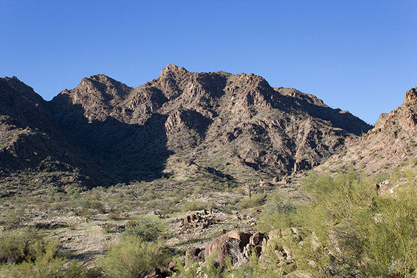 Nose Benchmark from the northeast. Our route climbs the steep NE Gully just right of center.