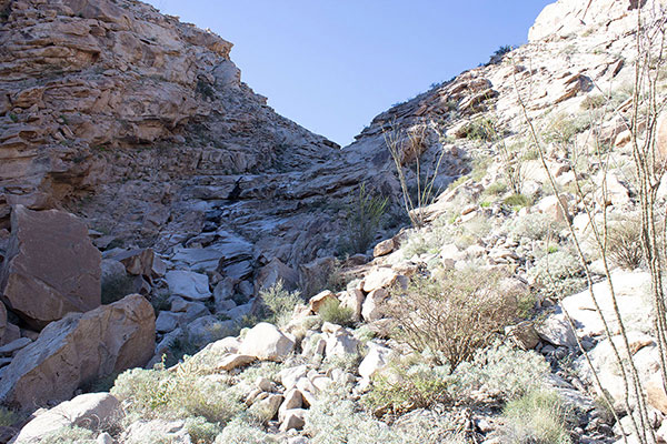 Low in the canyon we approach this high dry waterfall, which we chose to climb on the left