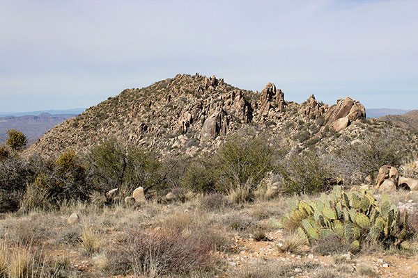 Our first view of the Arrastra Mountain summit, guarded by cliffs and towers