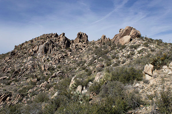 We tried to gain the ridge behind the rightmost tower, then traversed below to the left