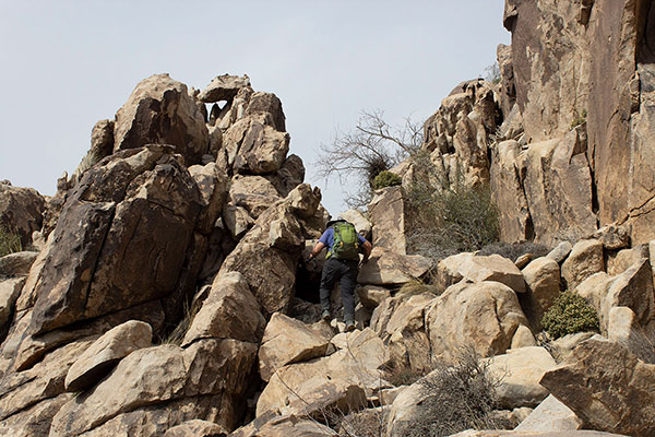 Scott leads up the leftmost gully just below the catclaw acacia infested choke point