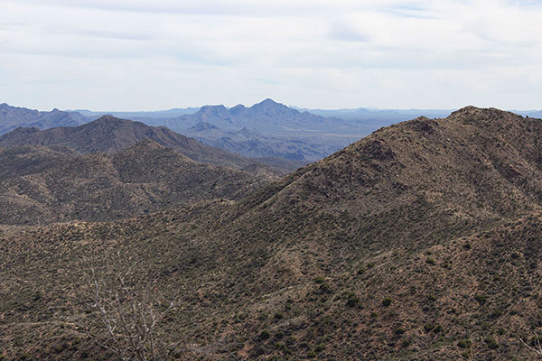 Tres Alamos lies in view as we descend the east ridge of Arrastra Mountain