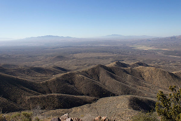 The San Pedro Valley to the SW, with the Whetstone and Santa Rita Mountains beyond